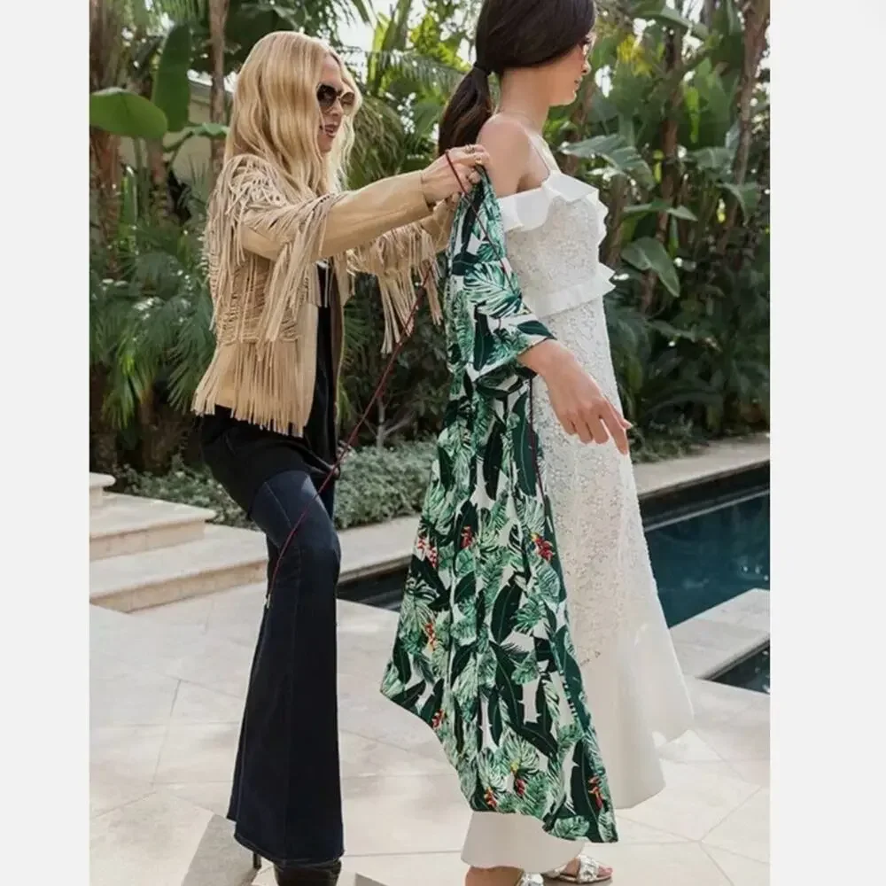 Rachel Zoe Palm Print Caftan in Green and White One Size